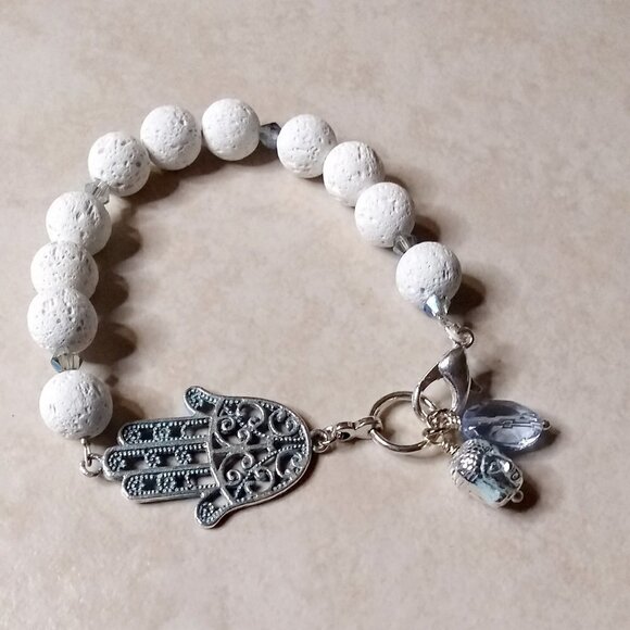 Hamsa Hand! Buddha! Blessings + Protection Bracelet! White Lava Beads! 7" Wrist - Picture 1 of 9